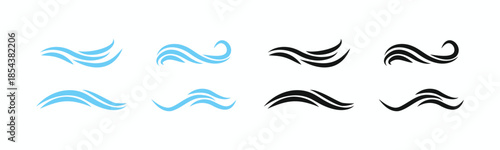 Set of blue and black water wave icons with elegant flowing curves, isolated on white background. Abstract sea wave vector collection in blue and black colors for marine logo design and branding