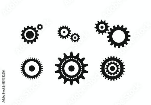 Minimalist black gear and cog wheel icon set isolated on white background. Professional mechanical engineering and industrial symbols
