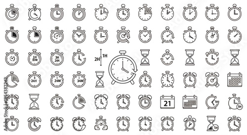 A collection of various timekeeping devices, including stopwatches, alarm clocks, and hourglasses, presented as a clean and scalable vector graphic set against a white background.