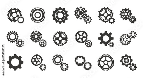 A precise vector illustration showcases an array of mechanical gears and cogs, rendered in a clean, minimalist style, ideal for technical diagrams or design elements.