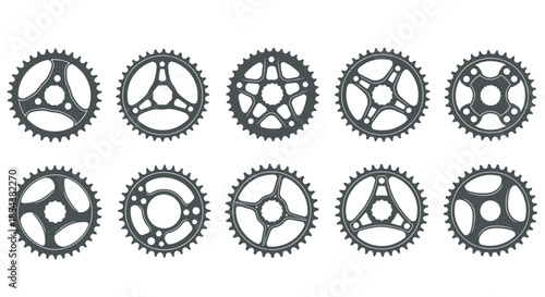 A comprehensive collection of various bicycle chainrings and sprockets, meticulously designed as flat vector illustrations on a clean white background.