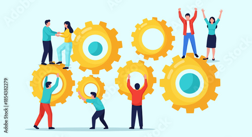 A diverse team of people works together with large golden gears, illustrating concepts of business collaboration, teamwork, and efficient problem-solving.