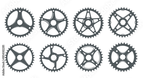 A collection of diverse bicycle chainrings with intricate spoke designs, presented as clean vector illustrations on a pristine white background.