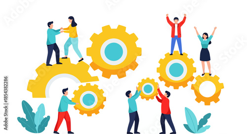 A diverse team of people collaborate, pushing and interacting with gears to achieve a common goal, expressing teamwork and problem-solving in a modern design.
