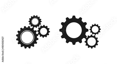 Illustration showcasing a pair of black gear clusters on a clean white background, symbolizing engineering, mechanics, and the interconnectedness of industrial processes.