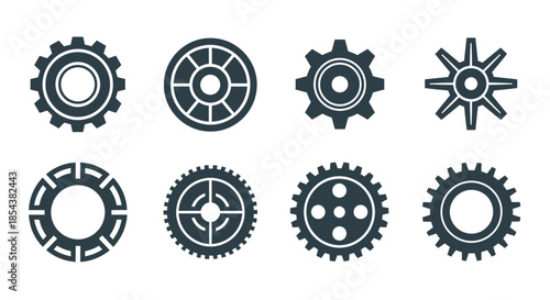 Set of vector gears in a clean, minimalist style, perfect for technical illustrations, mechanical designs, and representing concepts like teamwork and progress.