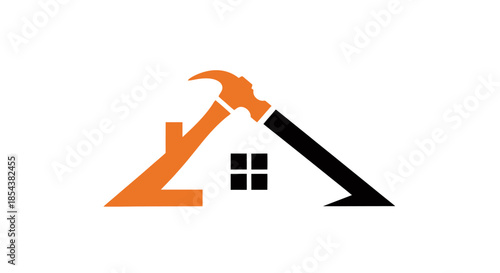 A sleek, modern vector logo design depicting a house roof seamlessly integrated with a hammer, representing home construction and renovation services.
