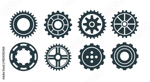 A modern set of eight dark blue vector gear icons, representing essential mechanical components for industrial, engineering, and technological design projects.