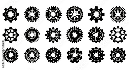 A collection of various gear vector illustrations, showcasing different designs and styles, perfect for technology, engineering, and industrial concepts, presented in a clean, modern aesthetic.