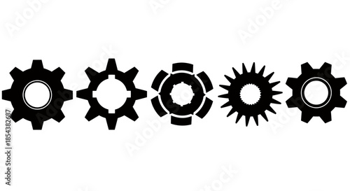 A collection of five distinct gear shapes are displayed in a vector format, showcasing varied internal and external tooth designs against a white backdrop.