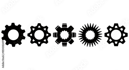 A collection of various black vector gear icons representing mechanical components, industrial processes, and technological settings on a clean white background.