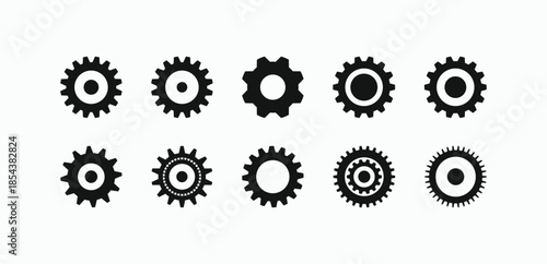Collection of black gear icons in various styles. Flat vector cogwheels for machinery, business process, teamwork, and technical development concepts