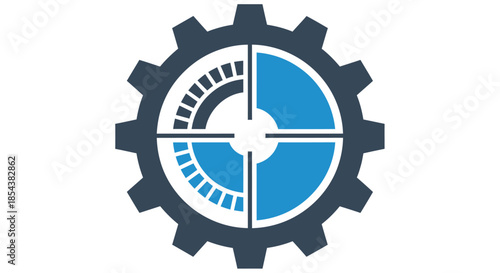 A blue and gray gear vector with a target in the center, perfect for illustrating precision engineering or a strategic approach in a business context.