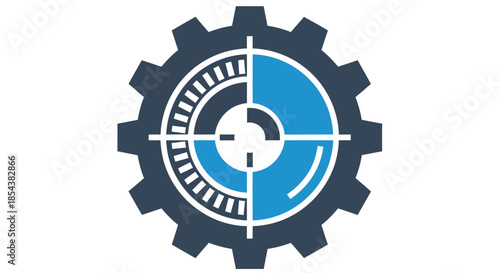 This sleek vector illustration features a dark blue gear icon with a precise target symbol, representing focus, mechanics, and operational excellence.