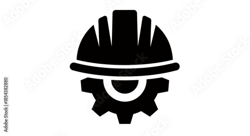 A minimalist vector illustration presents a construction helmet atop a gear, symbolizing engineering, safety, and industrial technology in a clean, modern design.