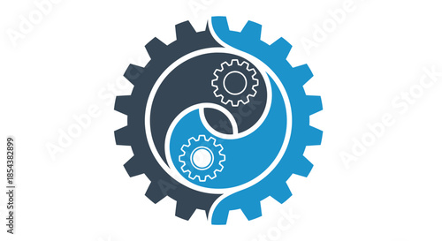 A stylized vector illustration depicts a yin-yang symbol composed of interlocking gears, symbolizing balance and harmony in mechanical or technological concepts against a white backdrop.