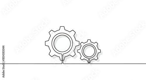 A minimalist vector drawing depicts the interconnectedness of two gears rotating in harmony, symbolizing teamwork, progress, and mechanical efficiency on a white background.