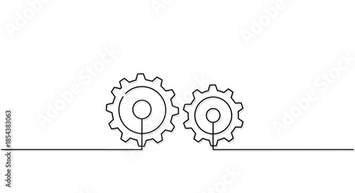 A minimalist continuous line drawing illustrates two interconnected gears, symbolizing collaboration, teamwork, and mechanical processes on a clean white background.