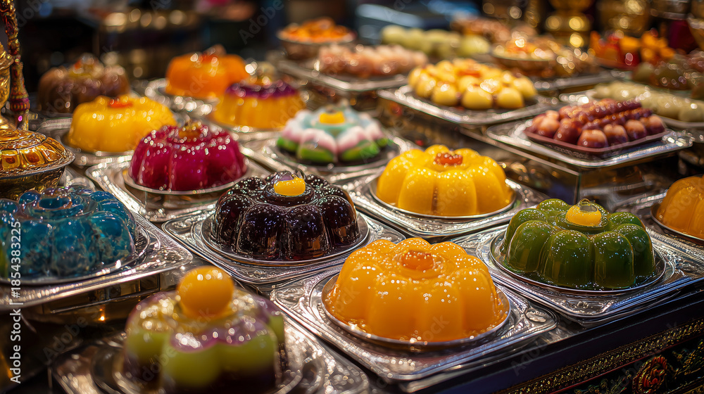 Fototapeta premium Colorful Thai dessert assortment featuring delicate jelly roses with translucent petals. Vibrant traditional sweet treats arranged on a plate, rich in Asian culinary culture.