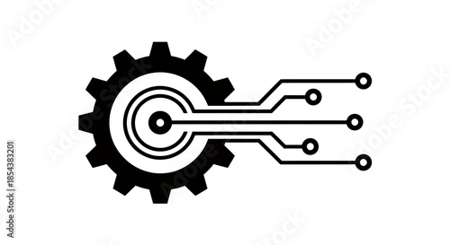 A black and white vector illustration presents a gear with integrated electronic circuit pathways, symbolizing technological advancement and mechanical precision.