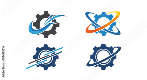 A set of four vector illustrations showcasing gear icons with dynamic swooshes and orbital designs, suitable for technology and engineering concepts, presented against a clean white backdrop.