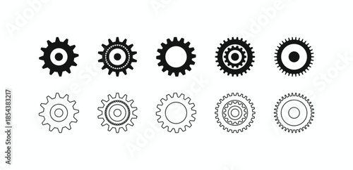 Comprehensive set of black gear icons in solid and line art styles. Professional vector symbols for mechanical systems, technical configuration, and engineering tools