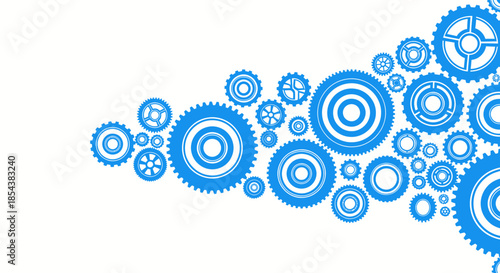 Intricate vector illustration featuring a dynamic arrangement of blue gears and cogs, creating a visually engaging design on a clean, white backdrop.
