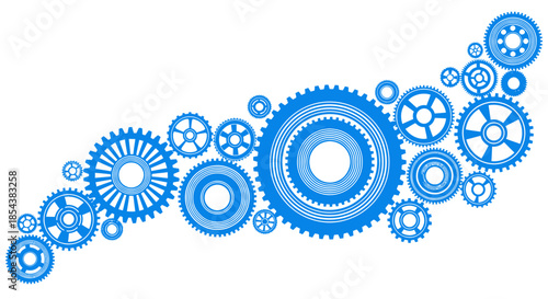 A dynamic arrangement of interconnected blue gears and cogs forming an abstract wave pattern, symbolizing technological progress and industrial processes.