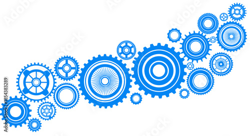 A vibrant vector illustration showcases a collection of interconnected blue gear components, representing teamwork, technology, and the intricacies of mechanical engineering against a clean white