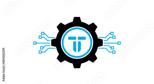 A modern vector graphic depicts a black gear icon with blue circuit board elements, featuring a central letter T, representing technological innovation and engineering.