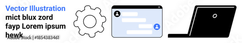 Digital communication, technology, messaging tools, user interaction, remote work, information exchange. A gear, chat interface and laptop. Digital communication and technology concept