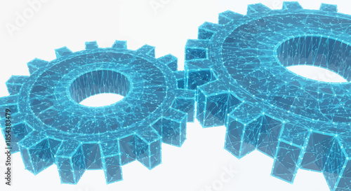 Two luminous blue digital gears, intricately designed with a wireframe effect, interlock against a clean white background, symbolizing connection and progress.