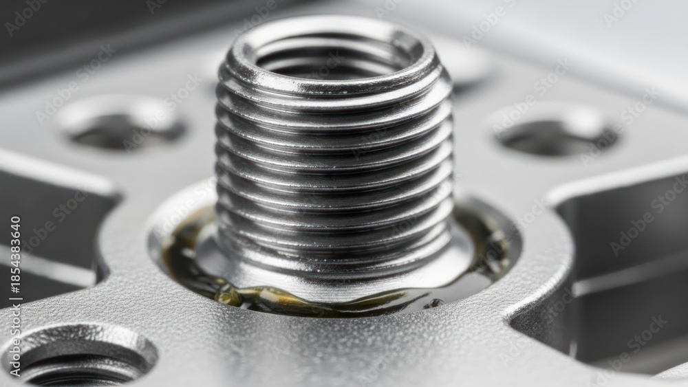 Obraz premium Close-up of a threaded metal bolt on a machined steel plate with holes.