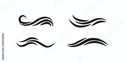 Minimalist set of black water wave icons with elegant flowing curves, isolated on white background