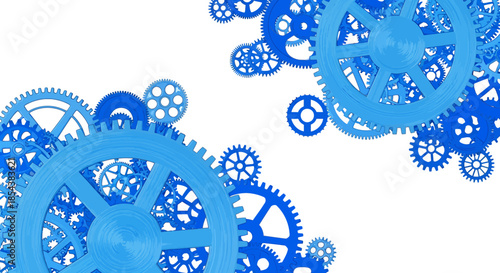 A vibrant vector illustration showcases an assortment of blue gear mechanisms arranged on a clean, white backdrop, perfect for technology and engineering concepts.