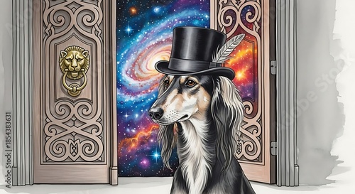 Saluki Dog in Top Hat Gazing at the Galaxy Through Doorway