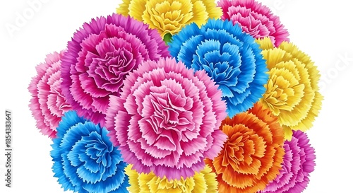 Cheerful Multicolored Carnations Blossom in Abundance Against White Background