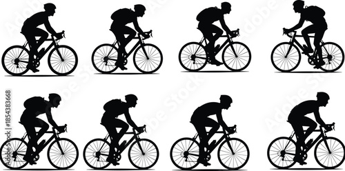 Black silhouette collection of professional cyclists riding road bikes with helmets and backpacks, set of male bicycle riders icons, vector illustration,