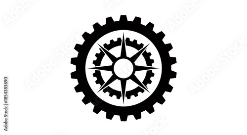 A detailed vector illustration of a gear mechanism with a compass rose at its center, set against a clean, white background, ideal for technical designs.