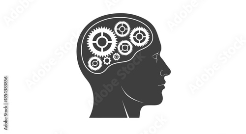 A modern vector graphic depicts a human head silhouette with intricate gears, symbolizing complex thought processes, intelligence, and innovative problem-solving.
