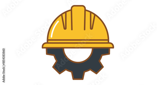 A stylized vector illustration depicts a yellow safety hard hat resting atop a dark grey industrial gear, symbolizing construction, engineering, and workplace safety.