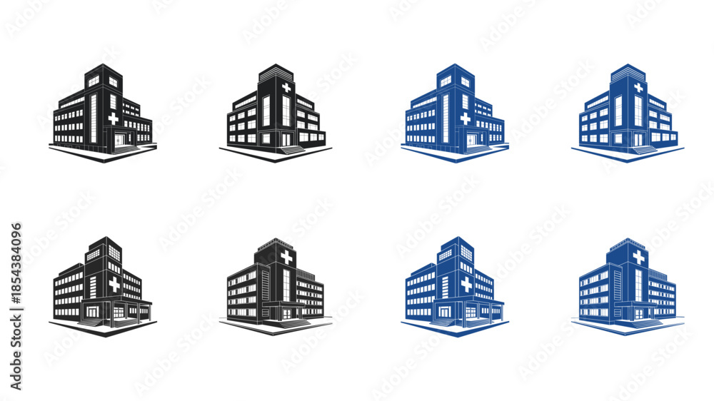 Fototapeta premium Isometric Office Building Icon Set with Modern Commercial Architecture Black and Blue Vector Illustration
