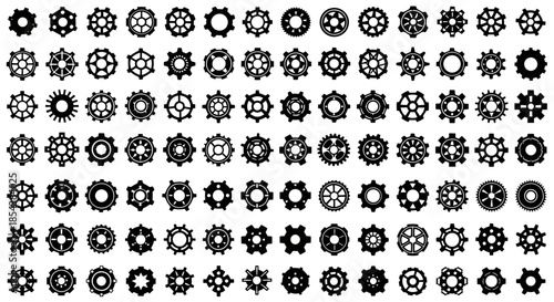 A comprehensive vector collection of diverse gear shapes and cogwheel designs, showcasing intricate mechanical elements in a clean, minimalist black and white style.