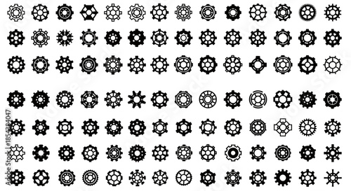 Collection of diverse gear icons in vector format, showcasing intricate mechanical designs suitable for various technical and industrial applications, all in black and white.