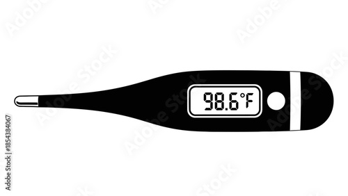 Digital thermometer icon with temperature display 98.6 F.
