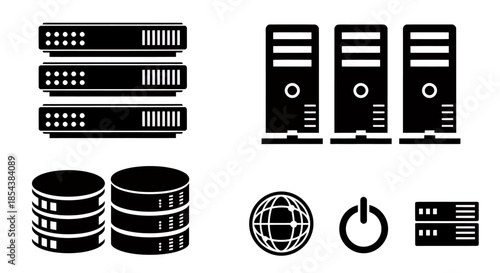 A vector illustration depicts a sleek and minimalist design of servers and data storage icons, ideal for technology and IT-related projects, rendered in a clean, modern style.