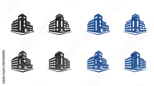 Isometric Office Building Icon Set with Modern Commercial Architecture Black and Blue Vector Illustration