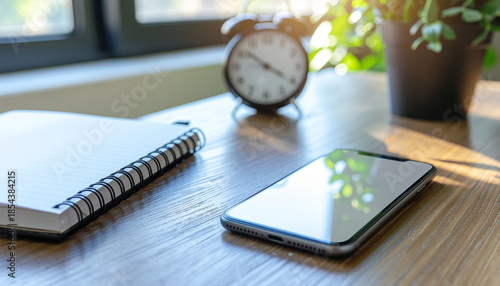 Morning Desk Essentials Smartphone, Notebook, and Alarm Clock in Sunlight.