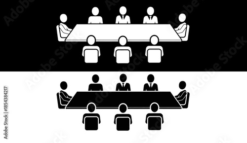 Business meeting icon set with people sitting around a conference table.