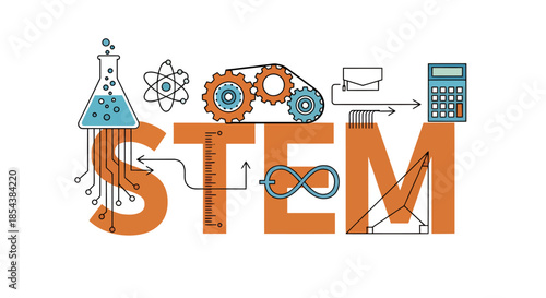 A vector illustration showcasing STEM education concepts, featuring gears, a calculator, and laboratory equipment, ideal for educational materials and scientific presentations.